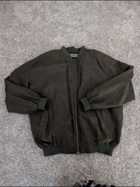 ​Vintage Robert Stock 100% Silk Bomber Jacket Olive Green Small Oversized 90s